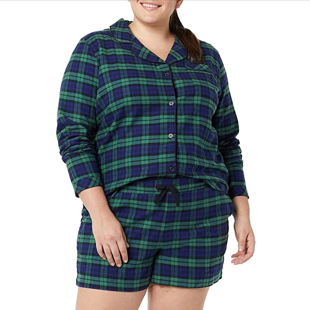 2 Piece Blackwatch Tartan Flannel Pajama Set with Shorts - Green Navy